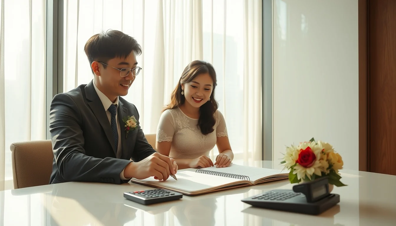 一對香港新人在酒店桌邊計劃婚禮預算