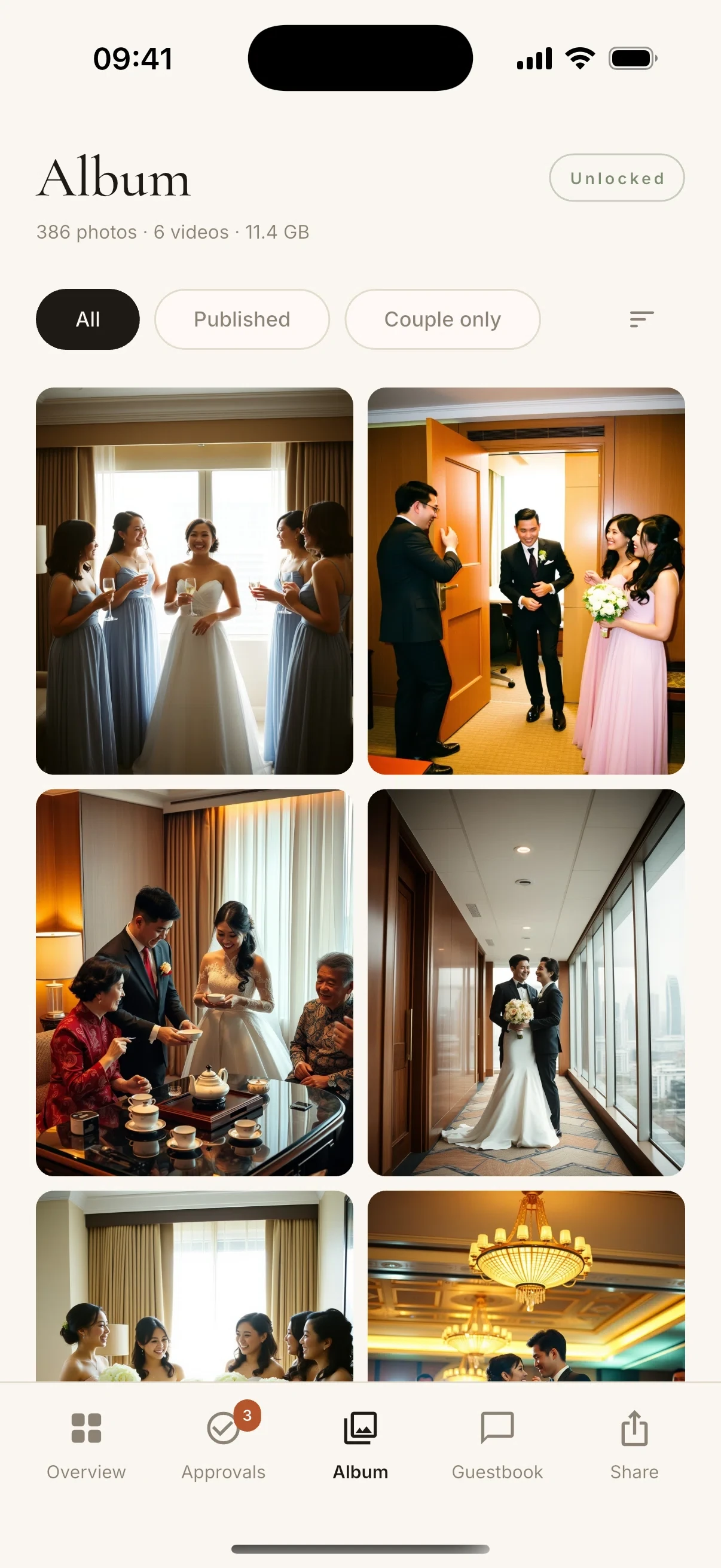 ConstantPhoto app album showing a wedding photo collection